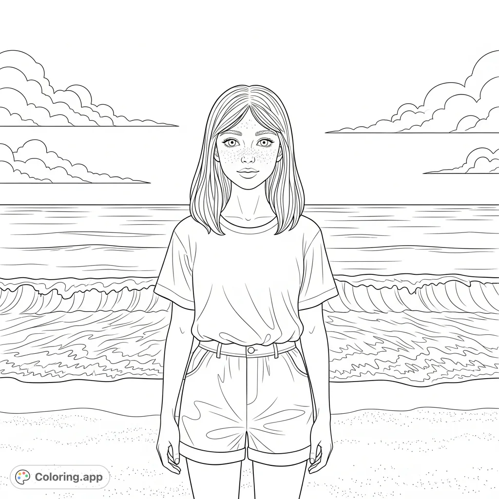 Color a charming beach girl with freckles and shoulder-length hair, enjoying a sunny day by the ocean. A delightful scene for creative expression.