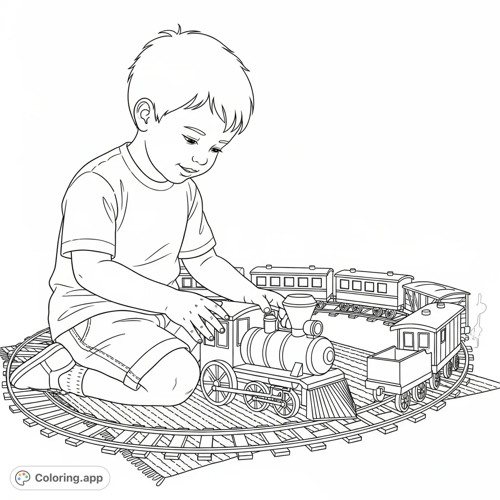 A cheerful boy plays with his toy train on a patterned rug, an engaging scene for a free printable toy train coloring page for kids and adults.