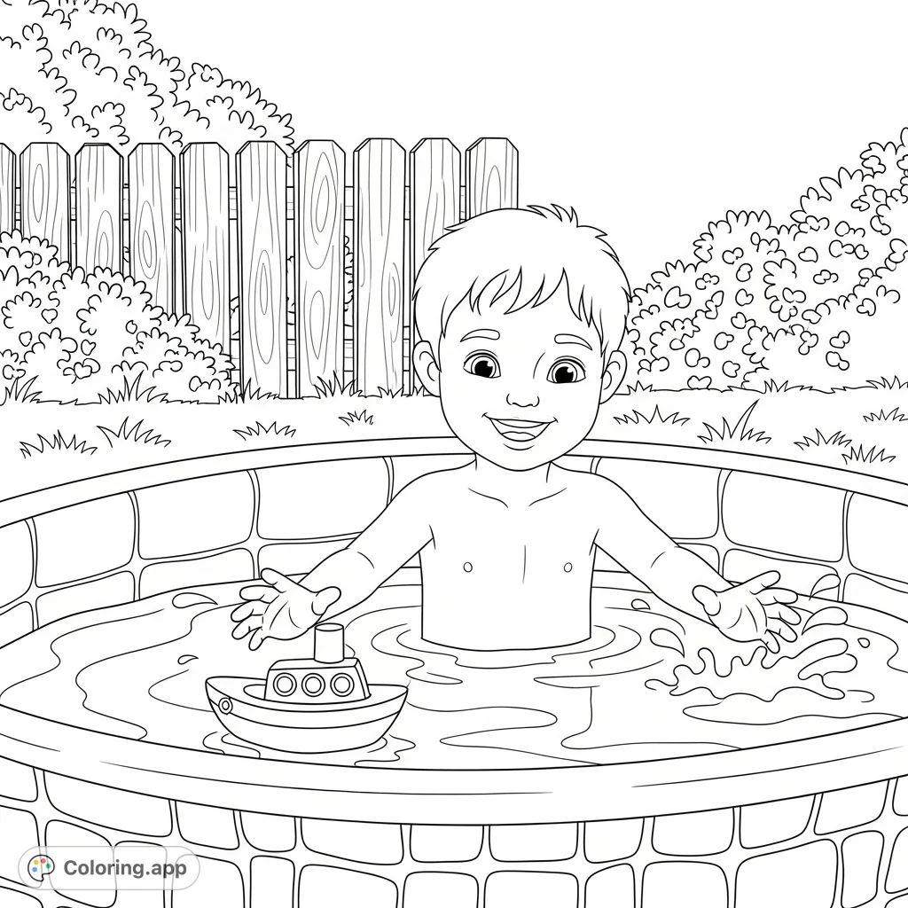 A cheerful boy plays in a paddling pool with a toy boat, surrounded by gentle splashes and a garden backdrop. Perfect for a refreshing coloring session!
