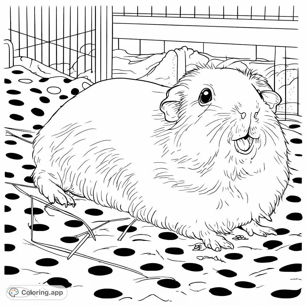 An adorable guinea pig rests on a polka-dotted blanket inside its enclosure, a charming scene perfect for animal lovers to color.