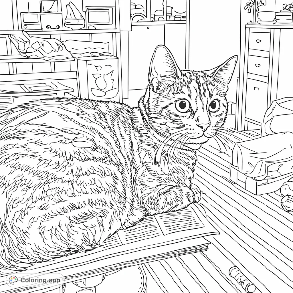 A charming tabby cat rests peacefully on a table amidst a cozy home setting, observing its surroundings with wide, curious eyes. Perfect for cat lovers.