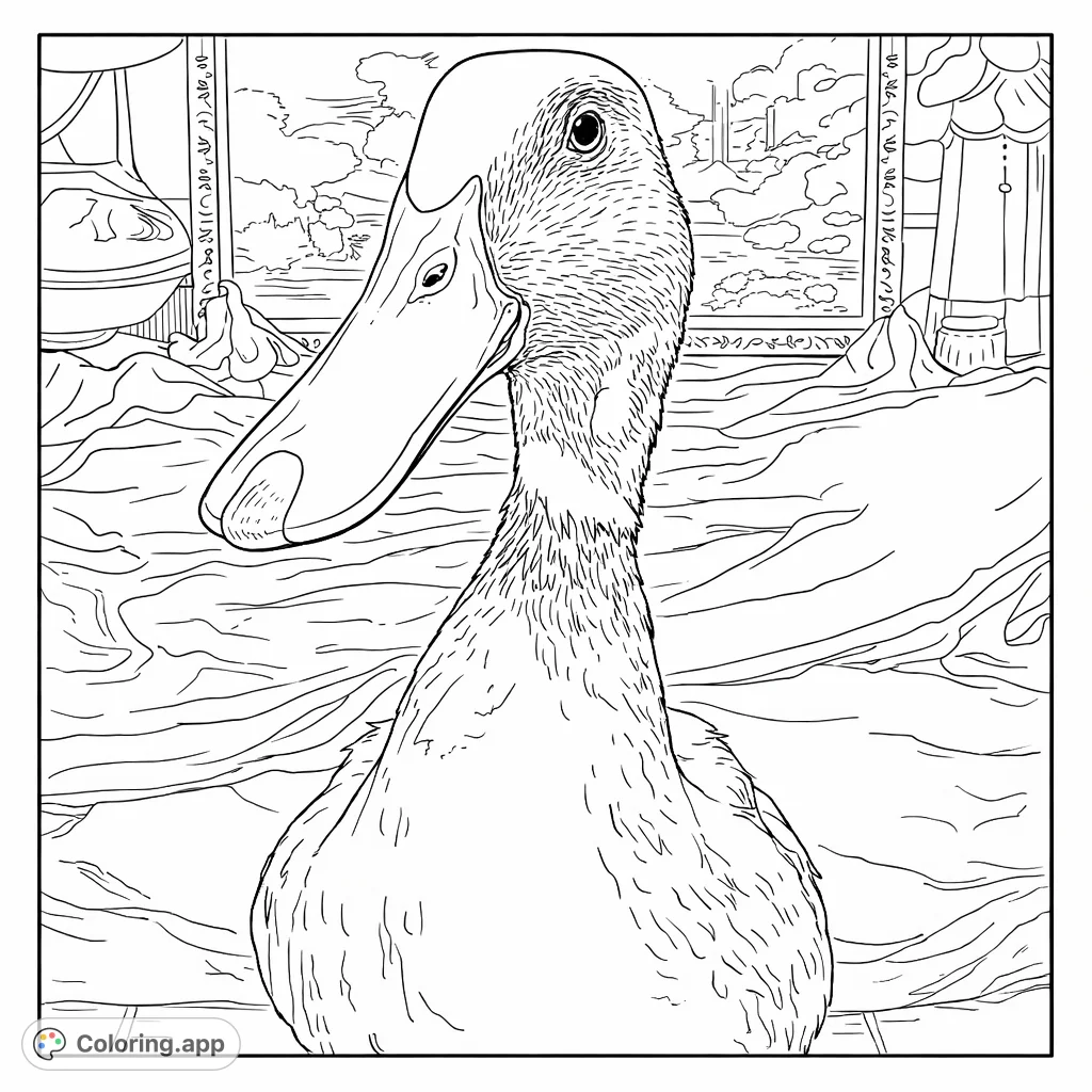 Discover a charming duck portrait featuring its distinctive bill and textured feathers. A delightful duck coloring page, perfect for all ages to bring to life with creative hues.