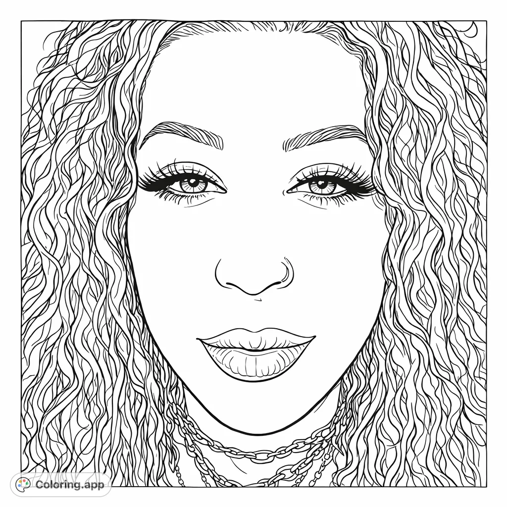 A captivating portrait of a woman with voluminous curly hair and striking facial features, offering an opportunity to explore diverse skin tones and makeup looks.