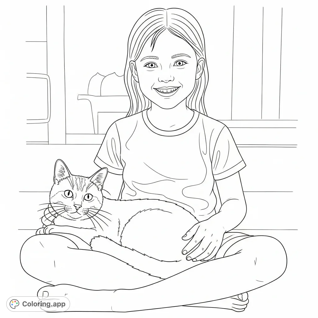 A delightful coloring page featuring a smiling girl in a t-shirt and shorts, gently holding a cat on her lap. Perfect for animal lovers and creative minds!