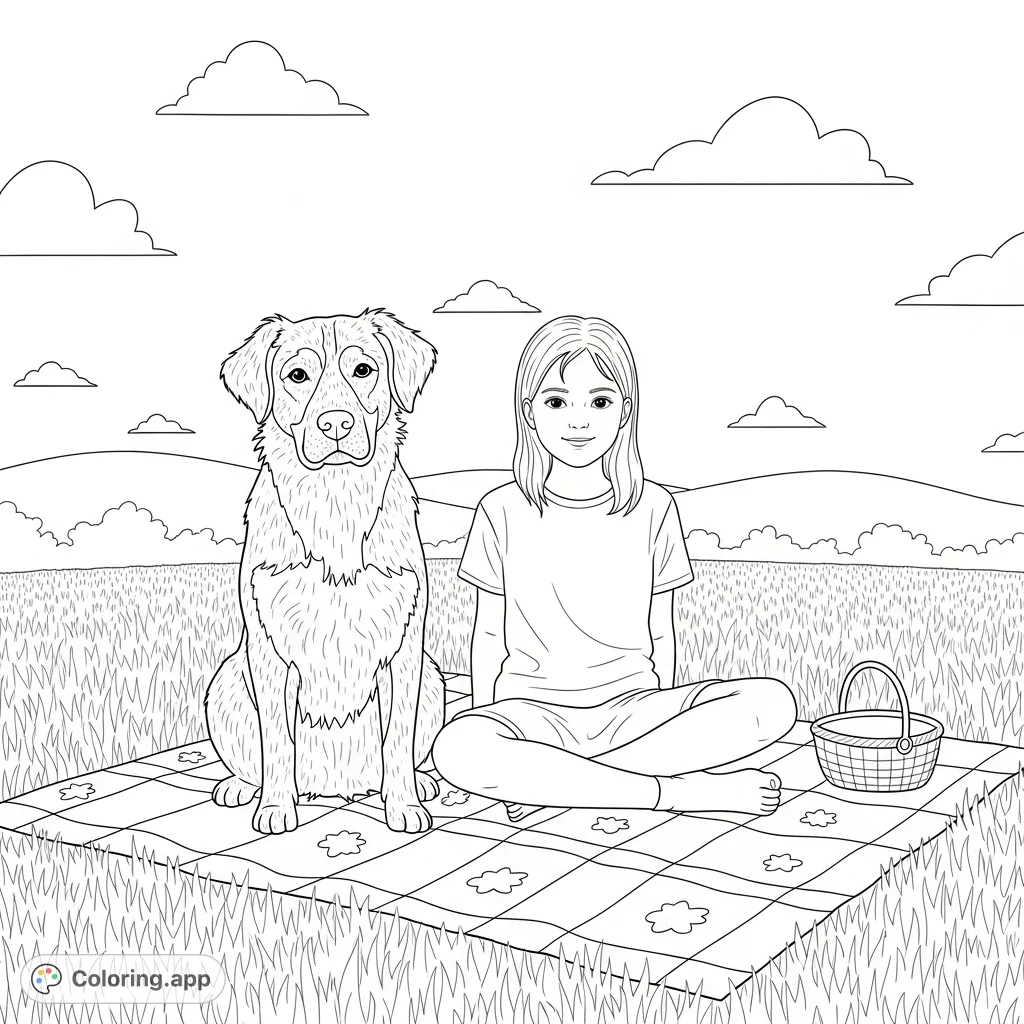 A charming free printable coloring page featuring a girl and her loyal dog enjoying a peaceful picnic on a patterned blanket under an open sky.
