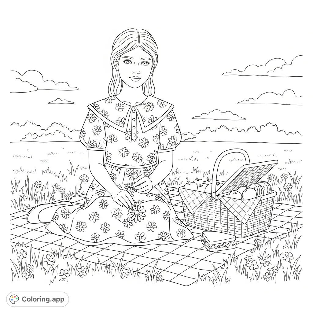 A charming picnic coloring page featuring a girl on a checkered blanket, holding a daisy, with a basket of treats. Perfect for a relaxing creative session.