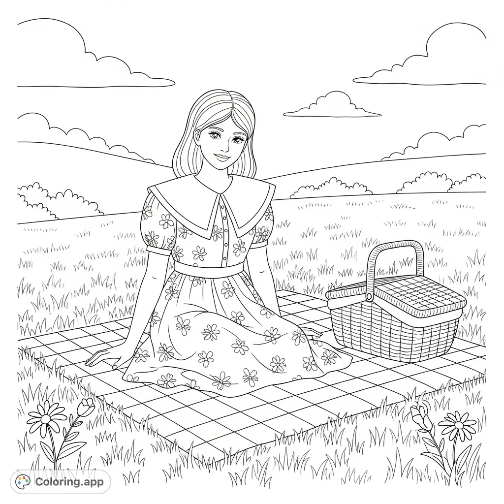 A charming girl enjoys a peaceful outdoor picnic, seated on a checkered blanket in a floral dress, inviting color and creativity. Perfect for relaxation!