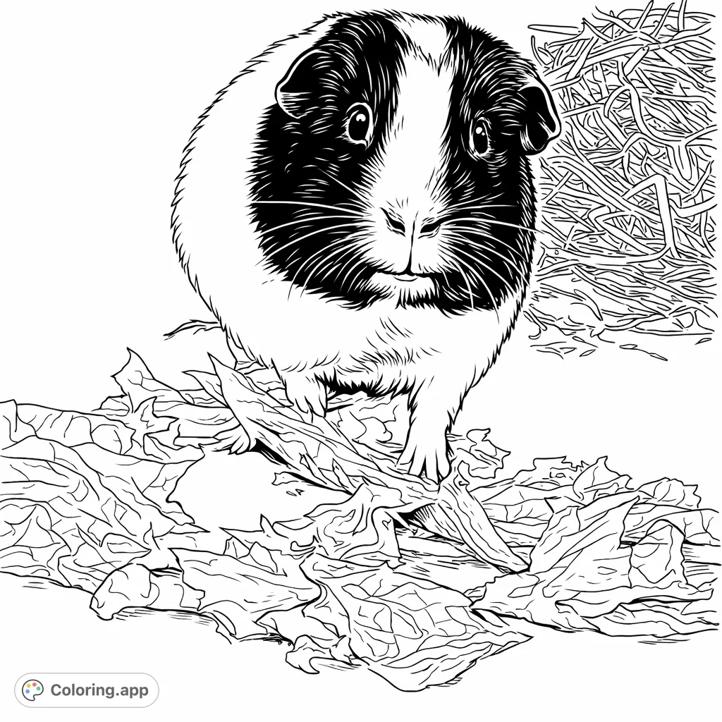Color a charming guinea pig enjoying a feast of leafy greens and hay. A delightful scene for animal lovers and detailed coloring fun.