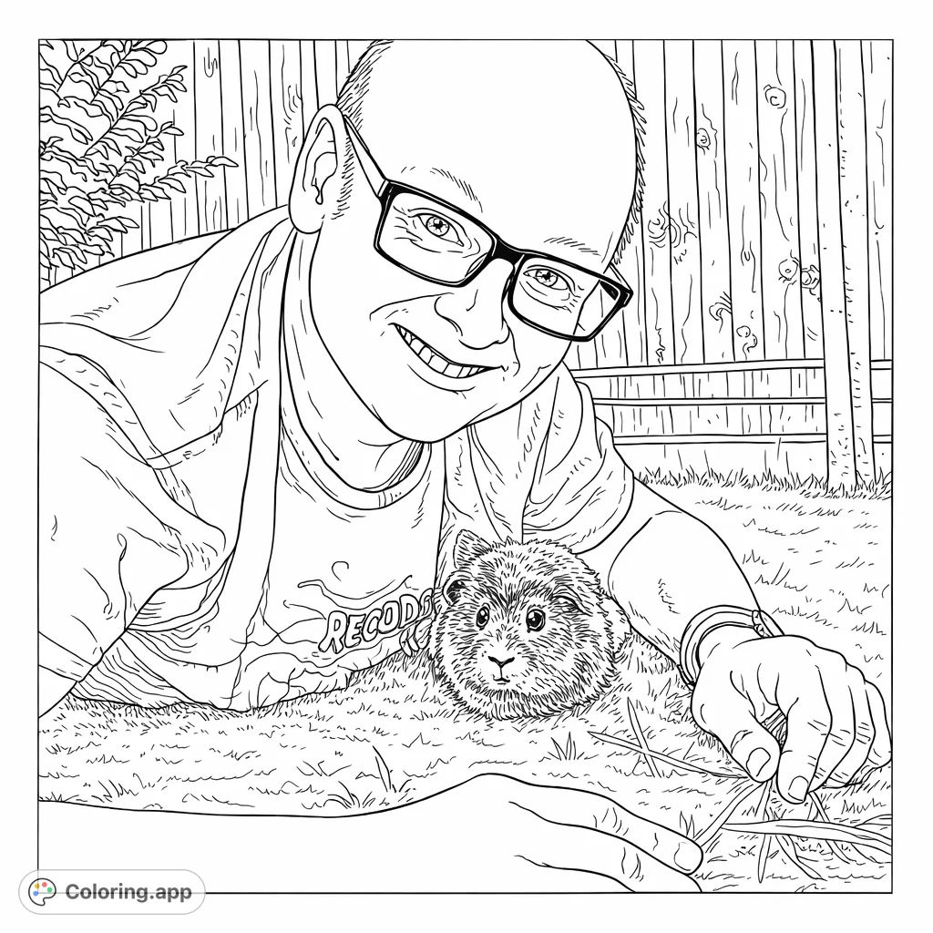 A delightful man and guinea pig coloring page, perfect for animal lovers! Features a friendly man interacting with his fluffy pet in a garden setting.
