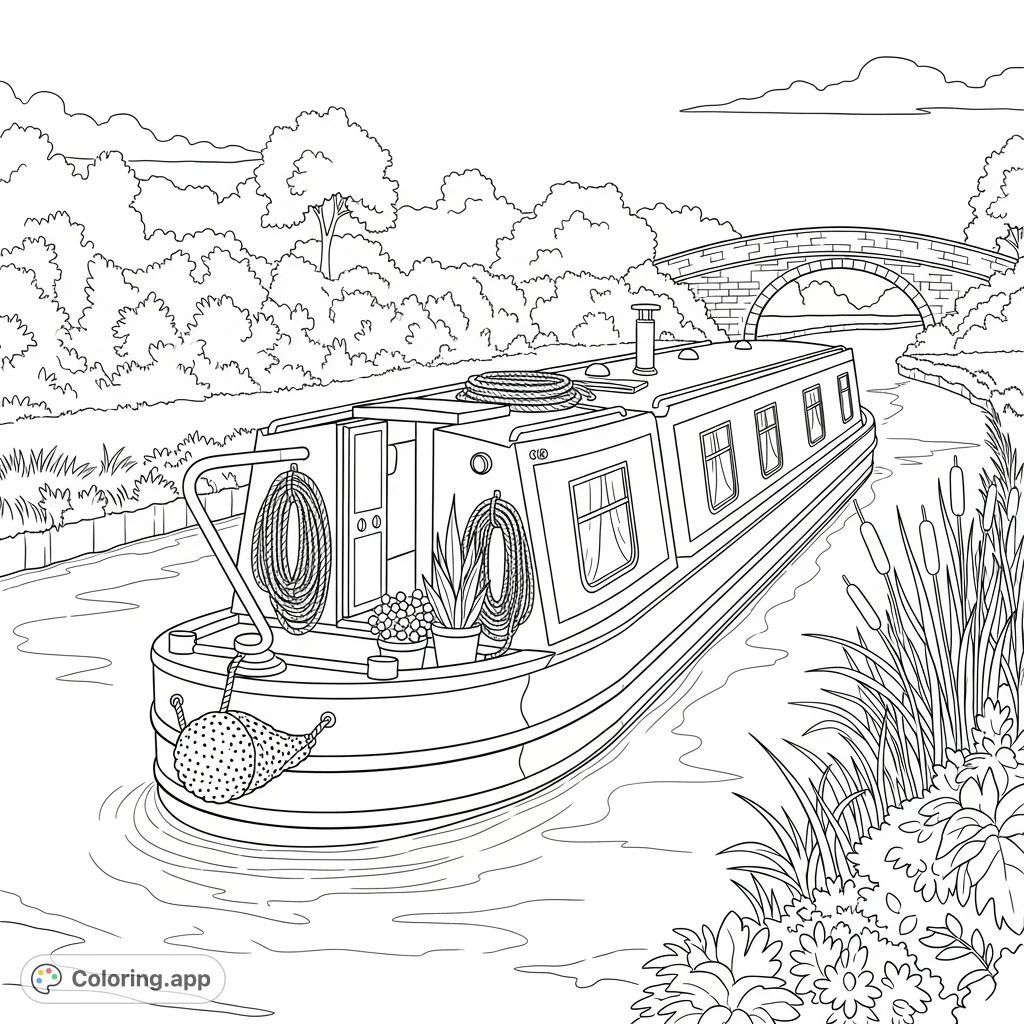 Experience the tranquility of a traditional canal boat on a scenic waterway. This detailed canal boat coloring page invites you to unwind and explore your creativity.