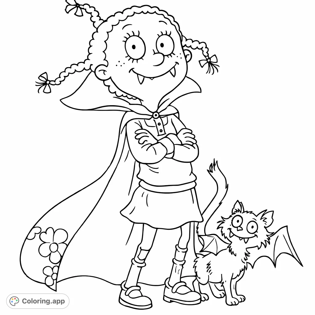 A mischievous cartoon girl with fangs and her winged, fanged feline companion, ready for playful adventures. Perfect for spooky fun!