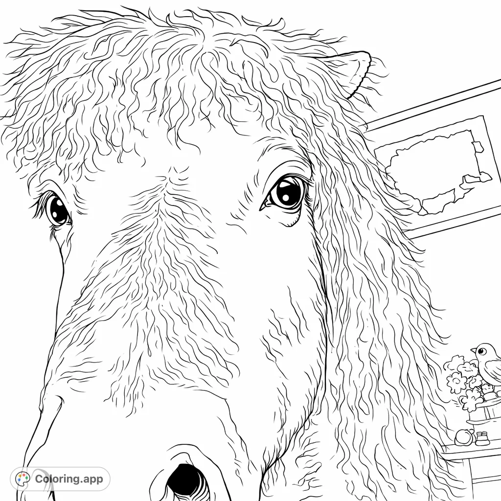 A charming close-up of a shaggy pony, showcasing its expressive eyes, soft fur, and voluminous mane. Perfect for animal lovers to bring to life with their favorite hues.