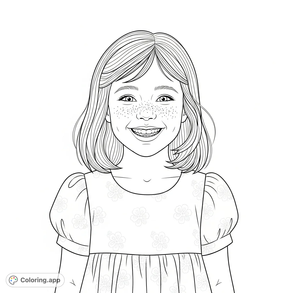 A charming young girl with a cheerful smile, shoulder-length hair, and lovely freckles in a delightful dress, ready for creative coloring.