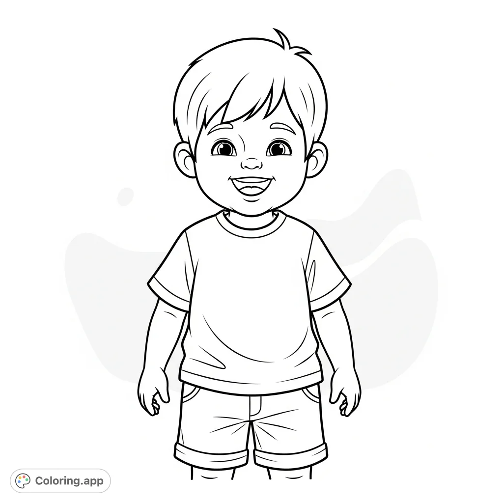 A charming little boy coloring page, featuring a joyful child in a t-shirt and shorts, smiling brightly. Perfect for young colorists to express creativity.