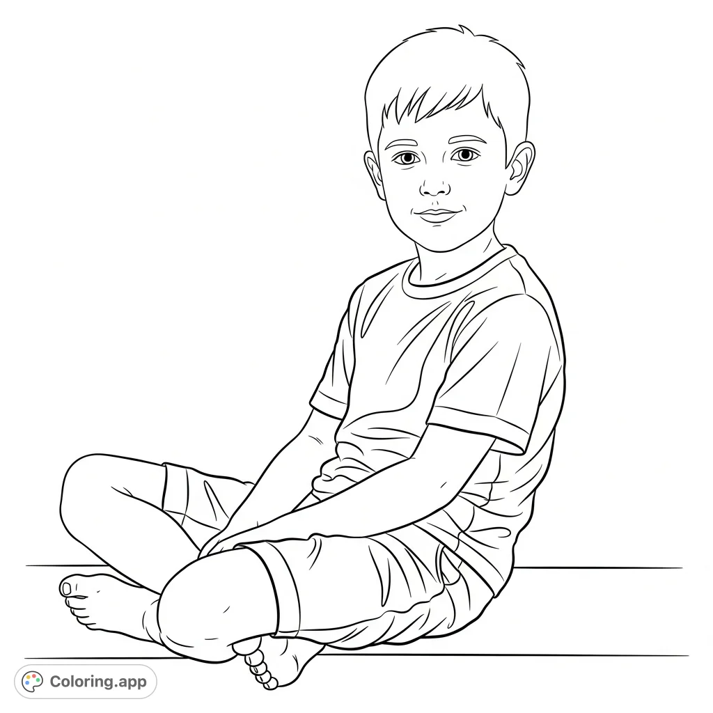 A friendly boy in a t-shirt and shorts sits, looking directly at the viewer with a gentle expression. A simple, inviting scene for young artists.
