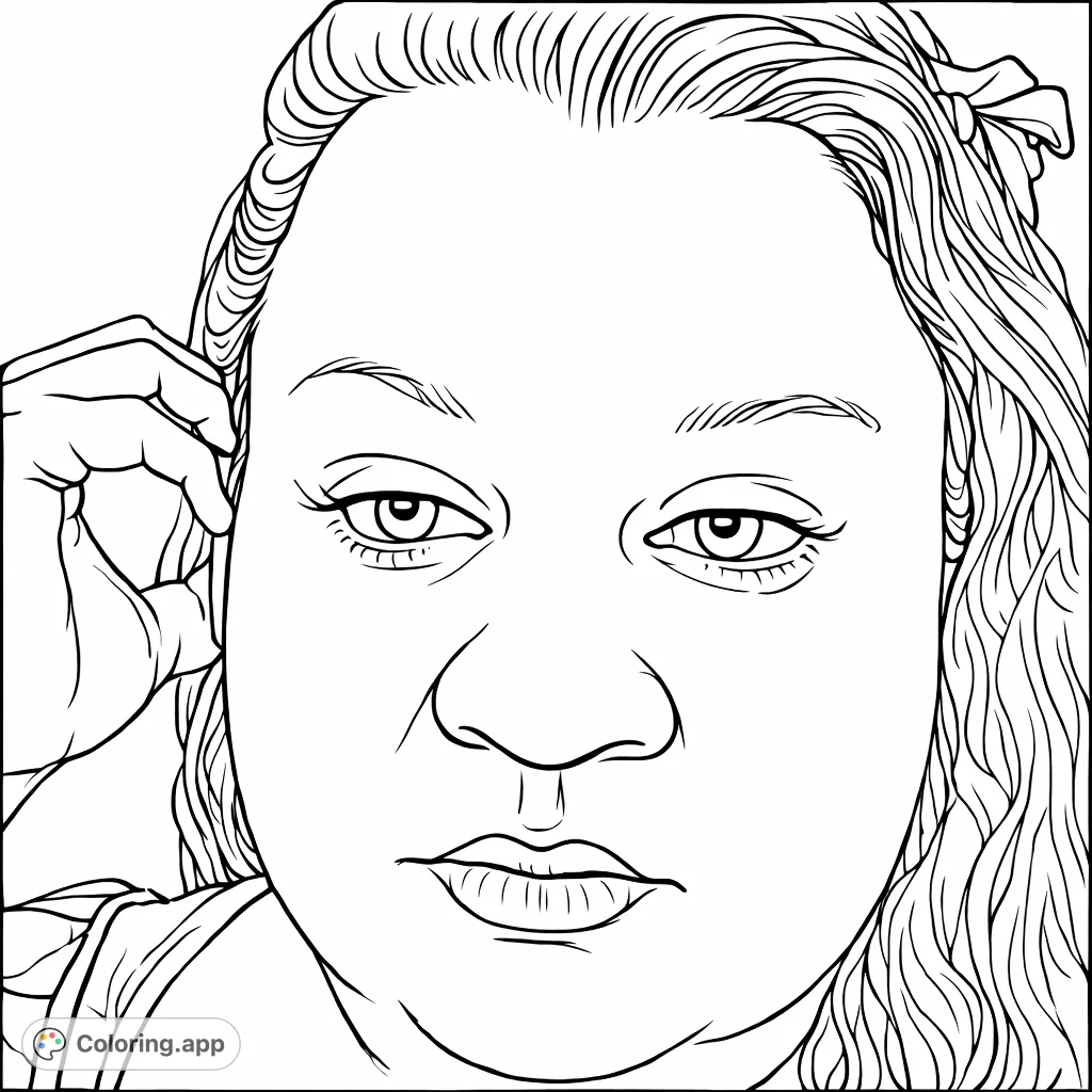 A detailed portrait of a woman's face, capturing her serene and thoughtful expression, perfect for artistic exploration and mindful coloring.