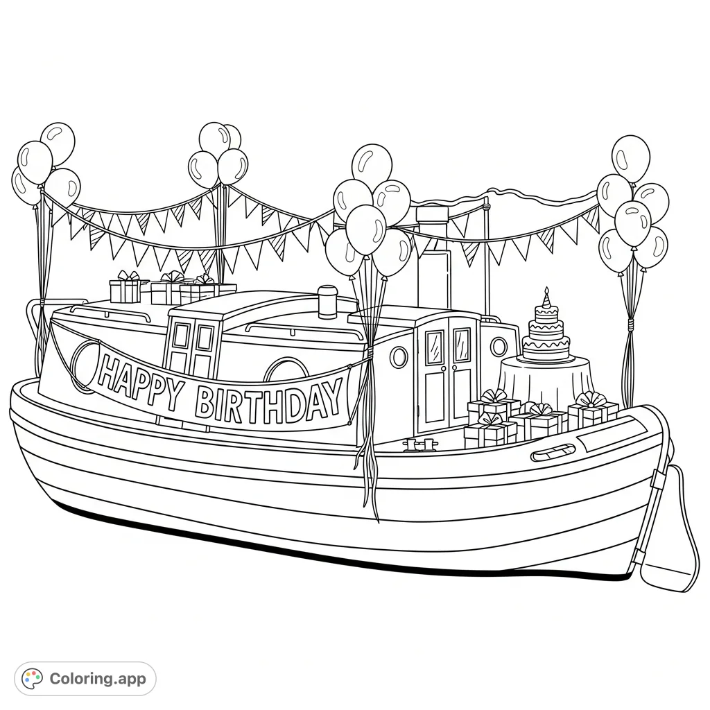 Celebrate with this charming canal boat coloring page, fully adorned with balloons, streamers, and a 'Happy Birthday' banner, ready for your creative touch!