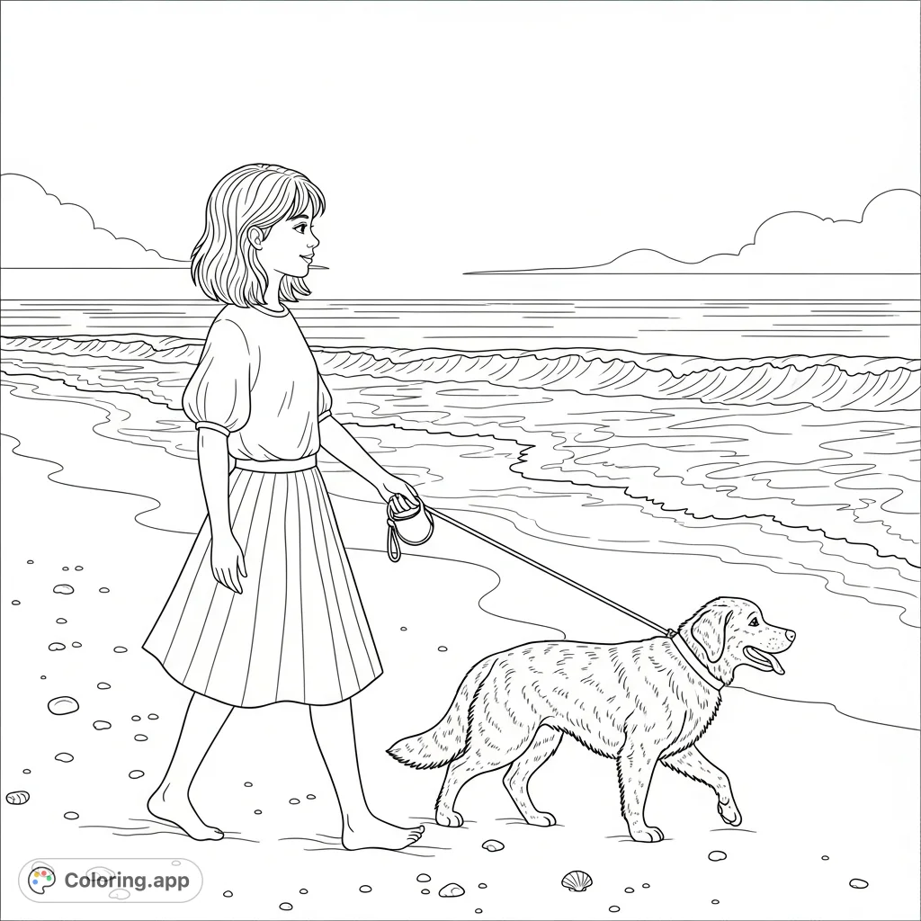 A delightful scene of a young girl with her faithful dog enjoying a peaceful stroll on a vast, sandy beach with gentle waves and open skies.