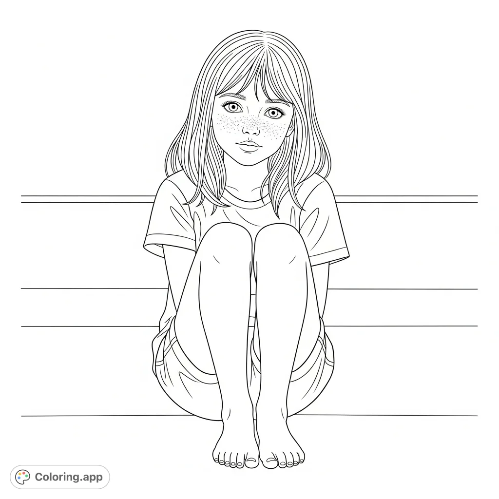 A charming young girl with shoulder-length hair and freckles sits calmly, offering a delightful canvas for personal expression in this engaging coloring page.
