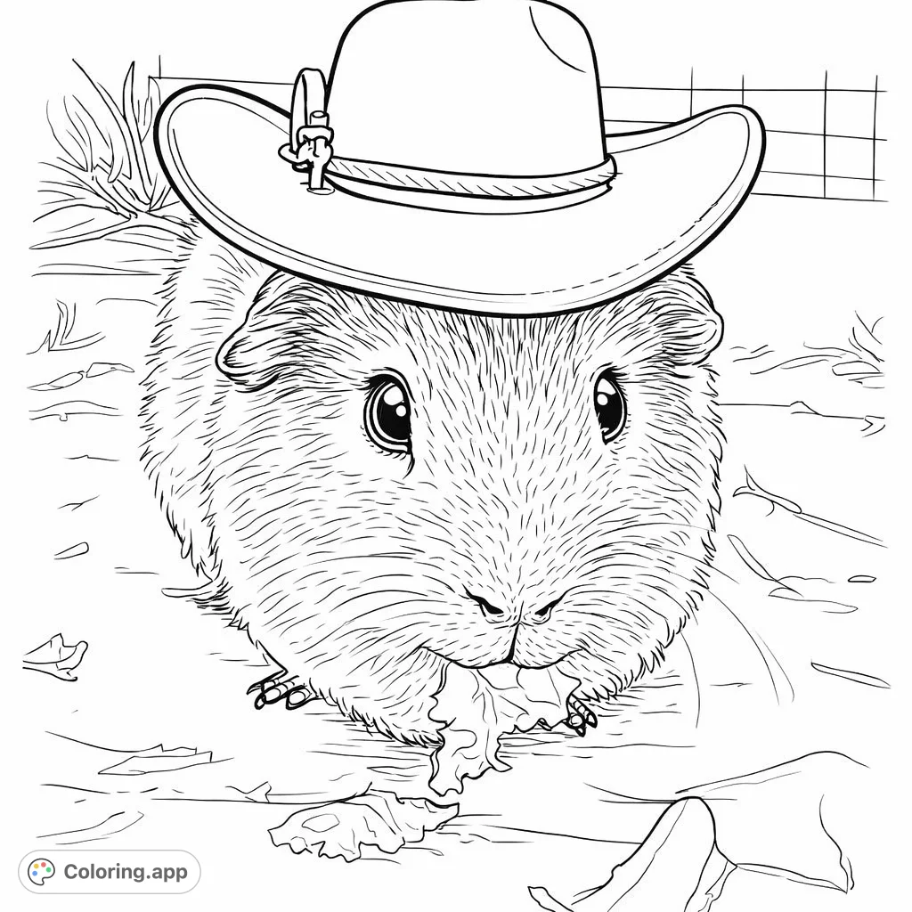 Saddle up for a charming adventure! This free printable guinea pig cowboy coloring page features a cute rodent in a hat enjoying a leafy snack.