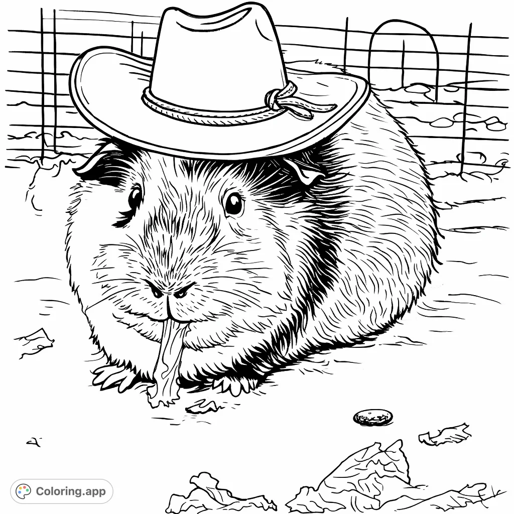 A cute guinea pig in a cowboy hat enjoys a leafy snack! Perfect for animal lovers and Western-themed fun.