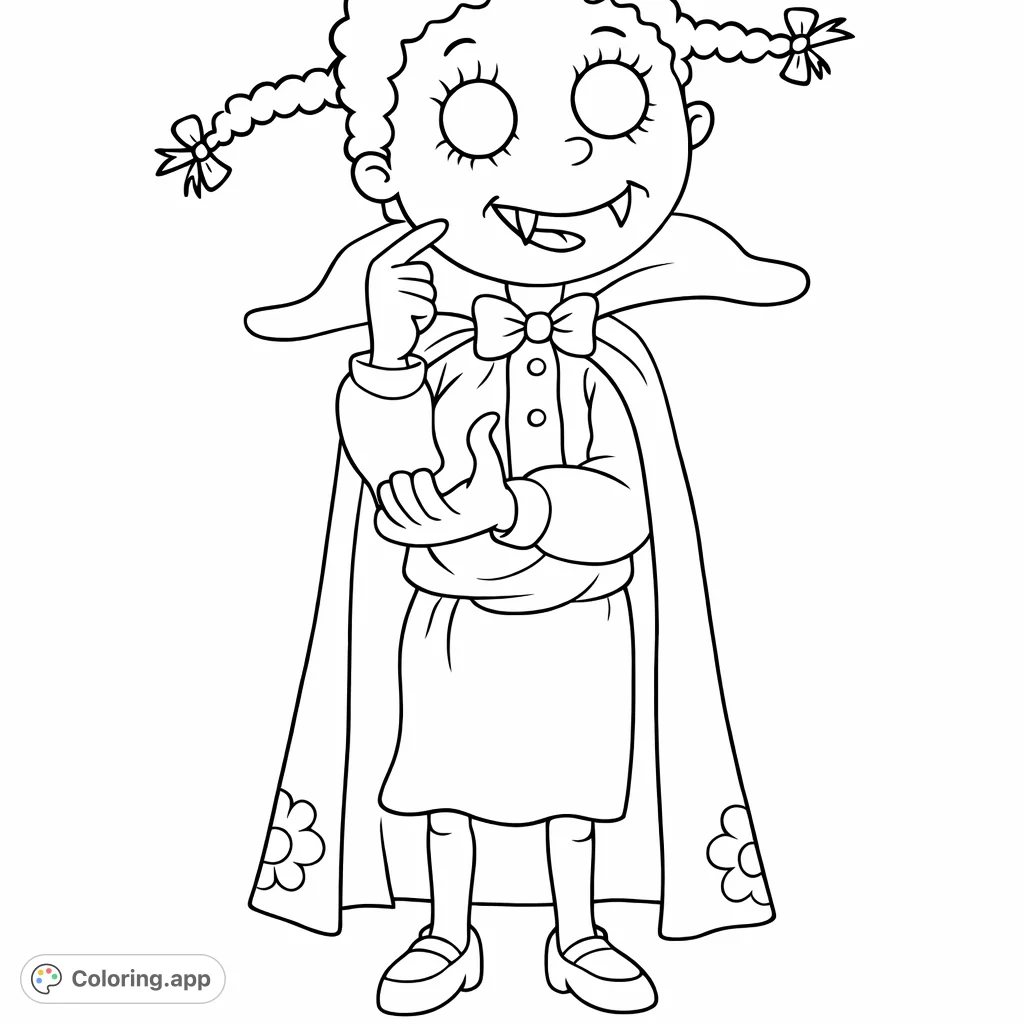 Meet a charming little vampire girl with pigtails, fangs, and a flowing cape. Perfect for kids and fans of playful spooky characters.