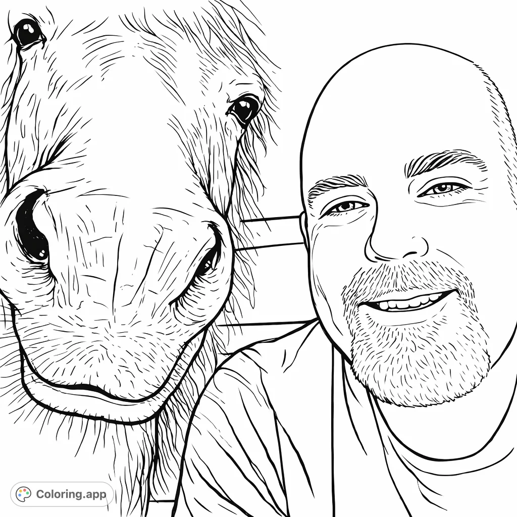 Enjoy coloring this heartwarming scene of a man and a friendly pony sharing a close moment. Perfect for animal lovers!