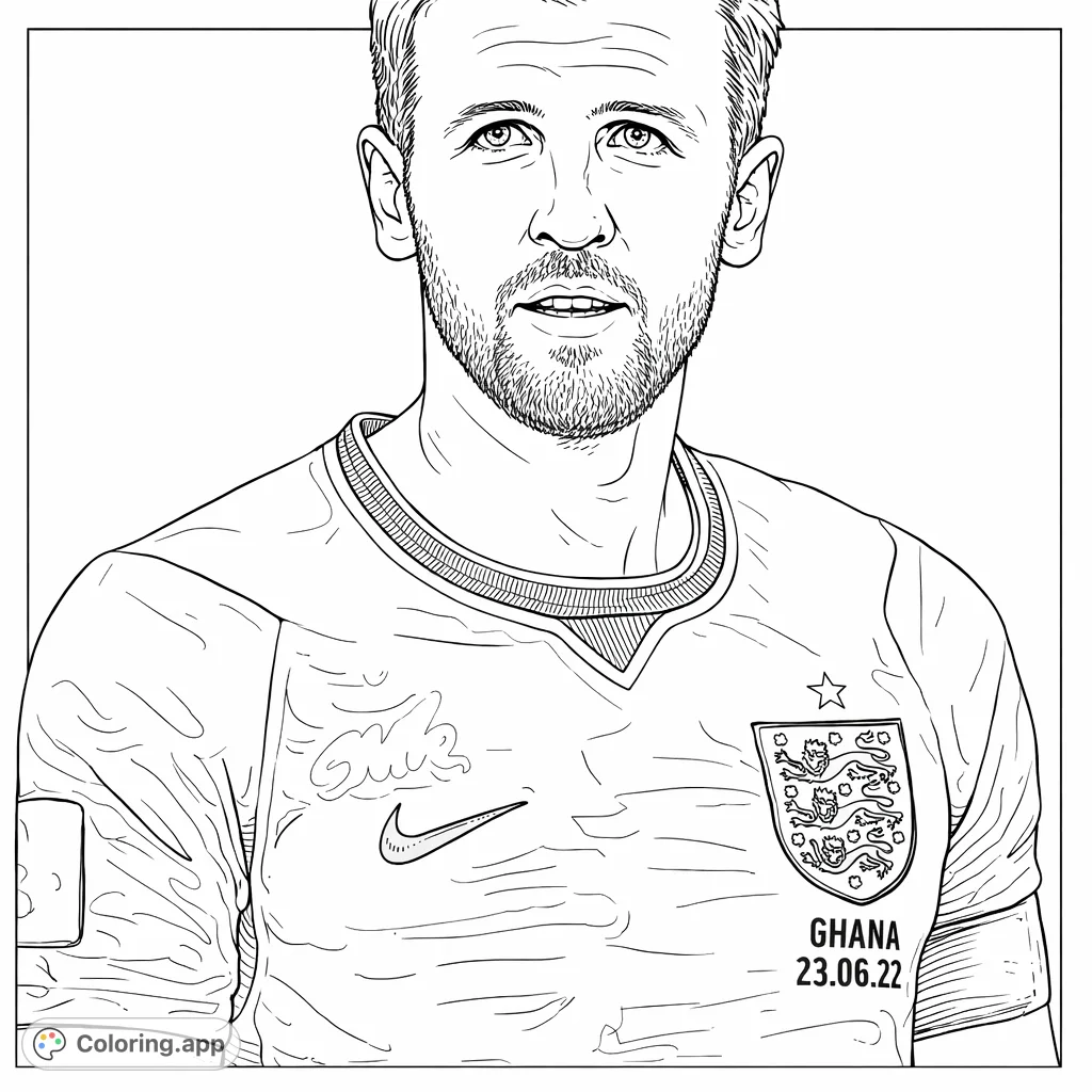 Color a focused soccer player wearing a detailed jersey with a team crest and subtle patterns. Ideal for sports enthusiasts.
