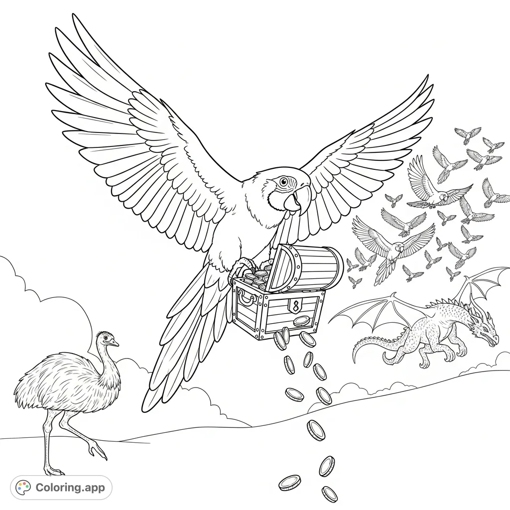 A thrilling aerial chase unfolds as a king parrot with a treasure chest flies ahead of its flock, pursued by an emu and a dragon. A dynamic, adventure-filled scene.
