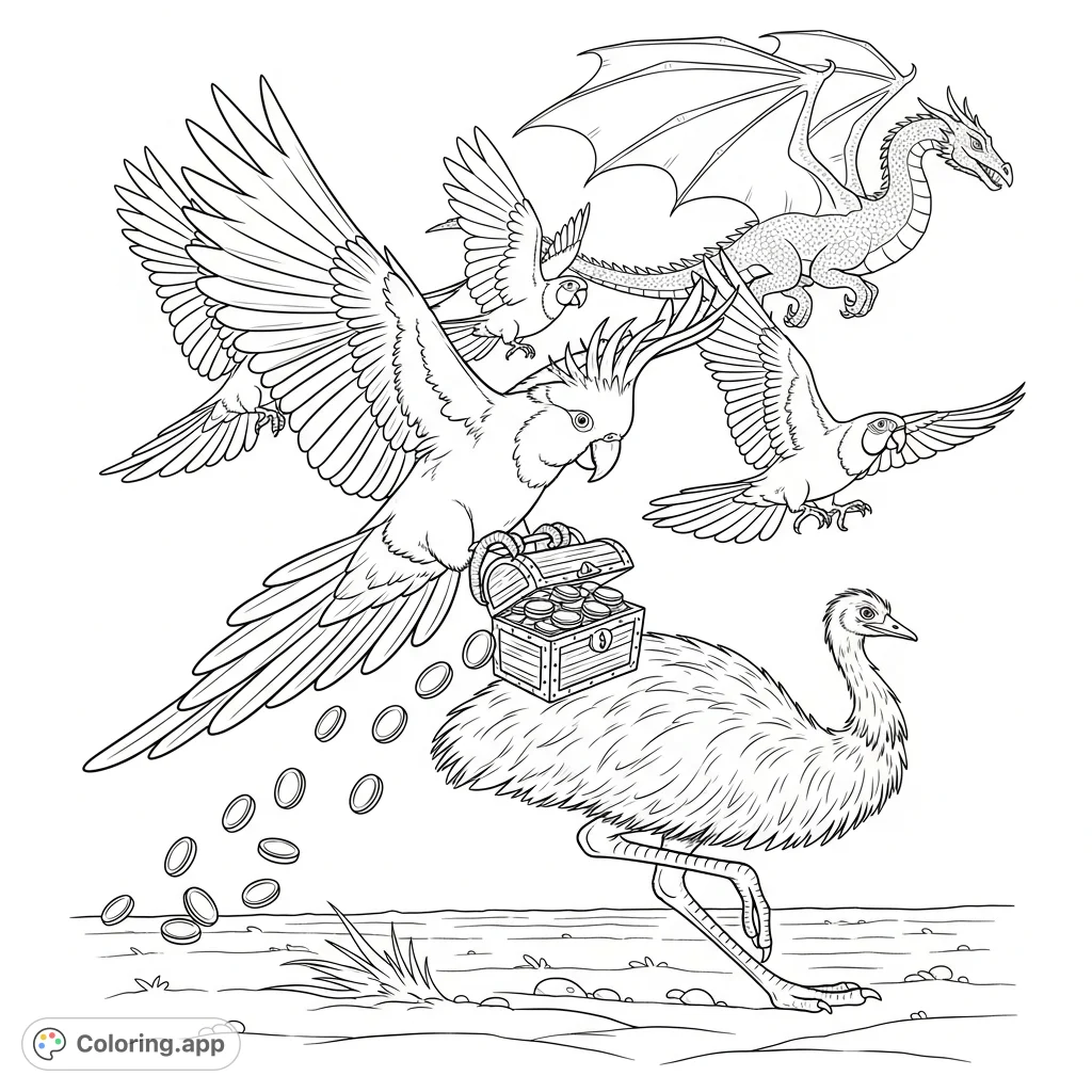An epic fantasy adventure coloring page featuring a King Rumped Parrot carrying a treasure chest, pursued by an emu, with a dragon overhead. An exciting free printable coloring page!