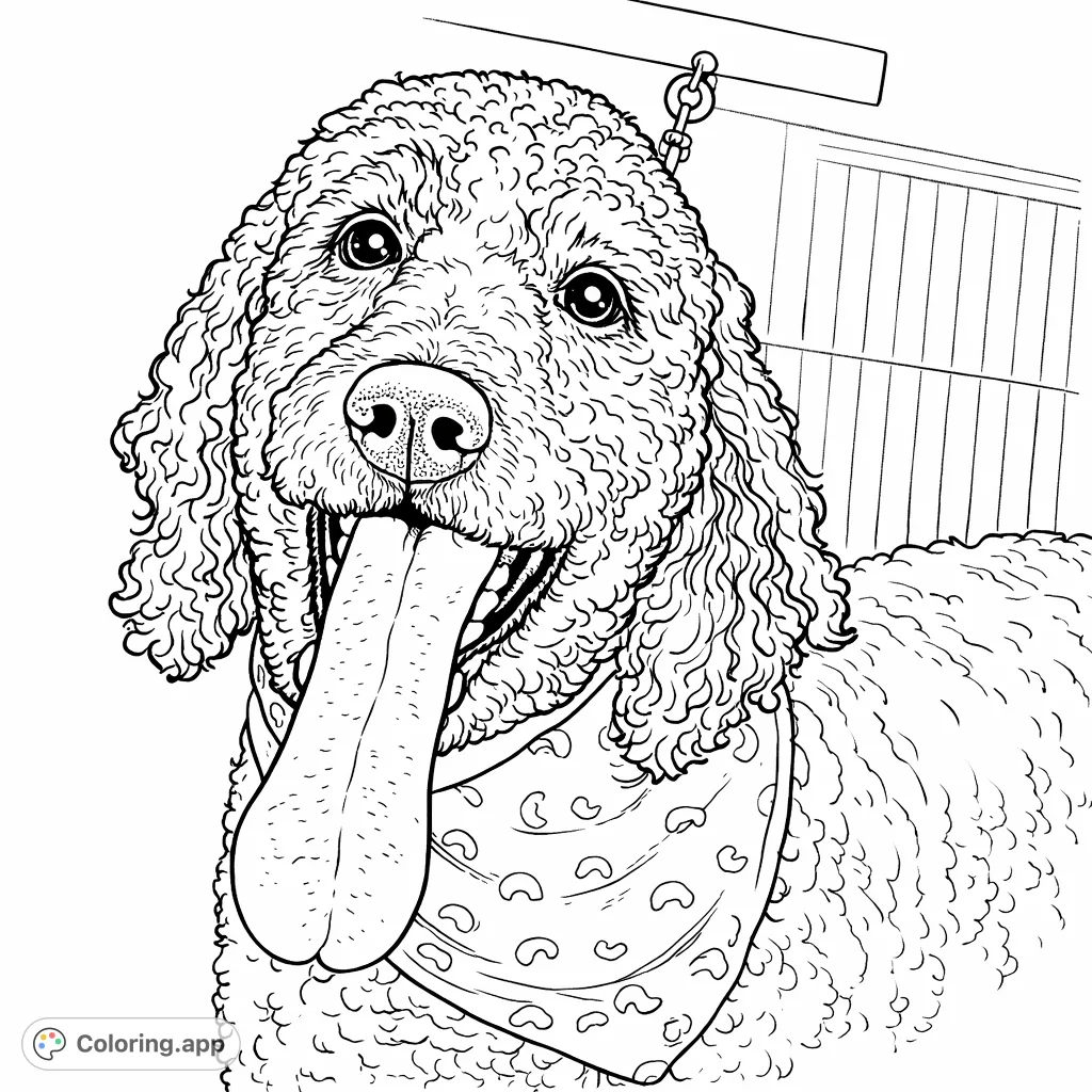 A charming dog with curly fur and a patterned bandana, eagerly sticking its tongue out. This delightful canine portrait is perfect for animal lovers.