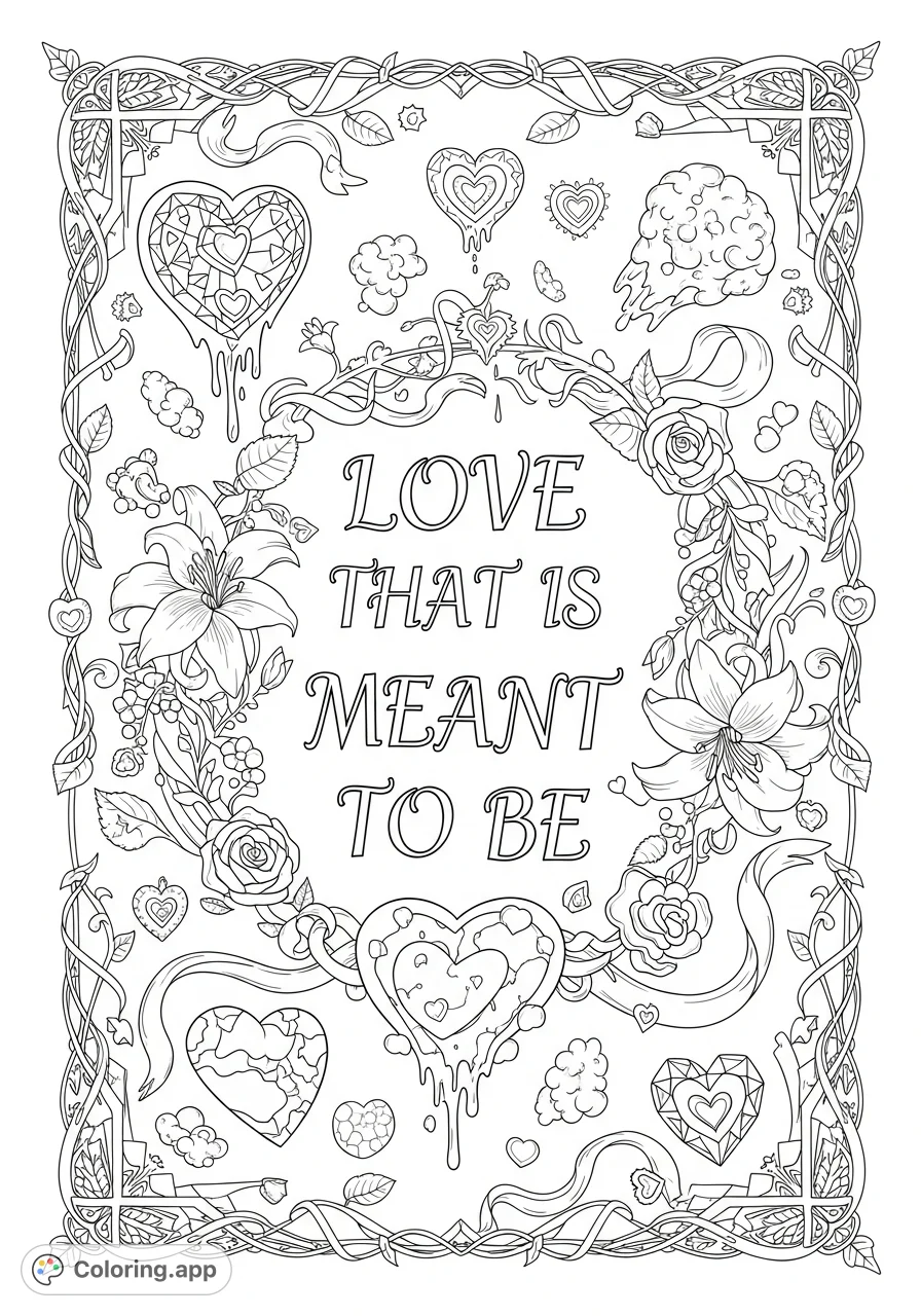 A heartfelt coloring page featuring the elegant phrase "LOVE THAT IS MEANT TO BE" adorned with beautiful, intricate designs and romantic motifs.