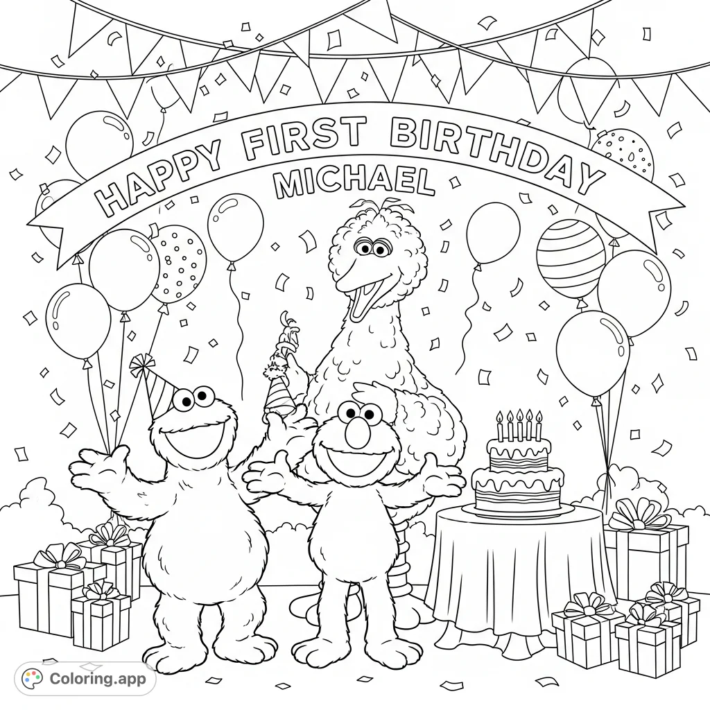 Celebrate Michael's first birthday with Elmo, Cookie Monster, and Big Bird! A joyful scene filled with balloons, cake, and the special message "Happy First Birthday Michael".