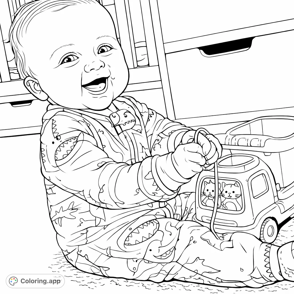 A joyful baby in dinosaur pajamas plays with a toy truck, captured in a delightful scene perfect for little artists and parents alike. Free printable fun!