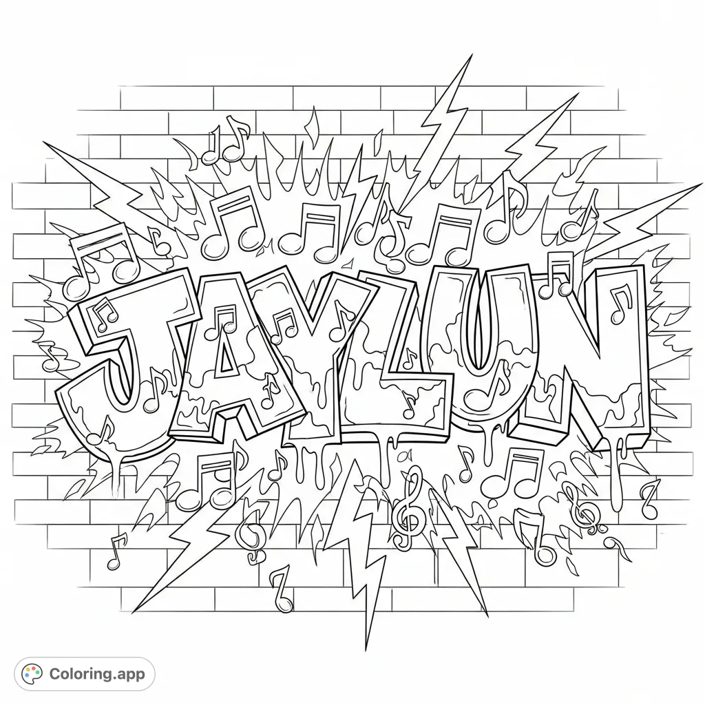 Unleash your creativity with this dynamic JAYLUN graffiti artwork on a brick wall, featuring bubble letters, music notes, flames, and lightning bolts.