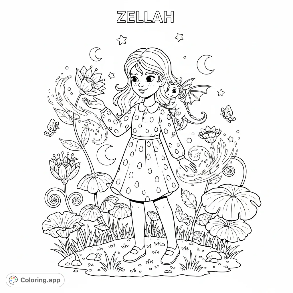 Meet Zellah, a delightful 9-year-old girl, exploring a magical garden with blooming flowers and fluttering butterflies. A charming free printable coloring page for kids.