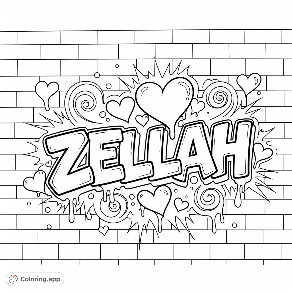 Dynamic graffiti art featuring "ZELLAH" in bold bubble letters with drips, surrounded by hearts, swirls, and starbursts on a textured brick wall.