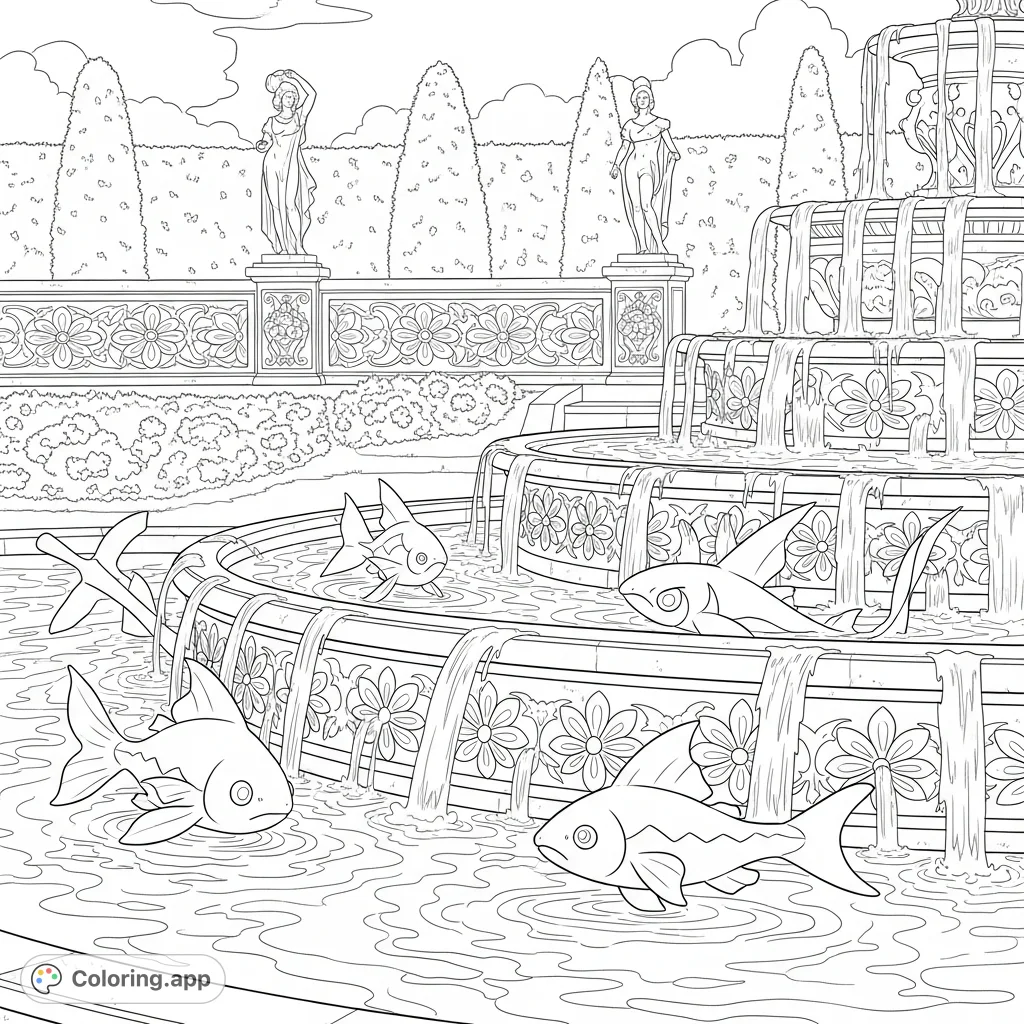 Dive into a serene palatial garden where Goldeen and Seaking Pokémon swim in an ornate, Marie Antoinette-inspired fountain. A luxurious, detailed scene awaits!