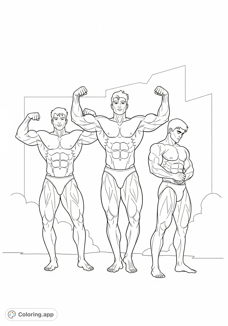 Anatomy study of three powerful, muscular men in dynamic poses, showcasing defined physiques and strong forms against a clear backdrop. An adult coloring page.