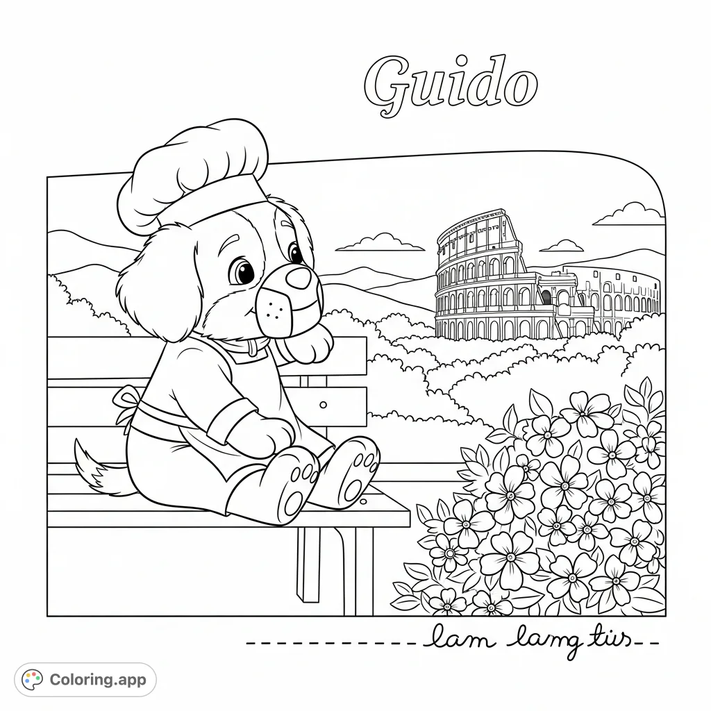 Join Guido, the cute puppy in a chef's hat and apron, as he enjoys a scenic view of Rome's iconic Colosseum. A delightful Italian puppy coloring page!