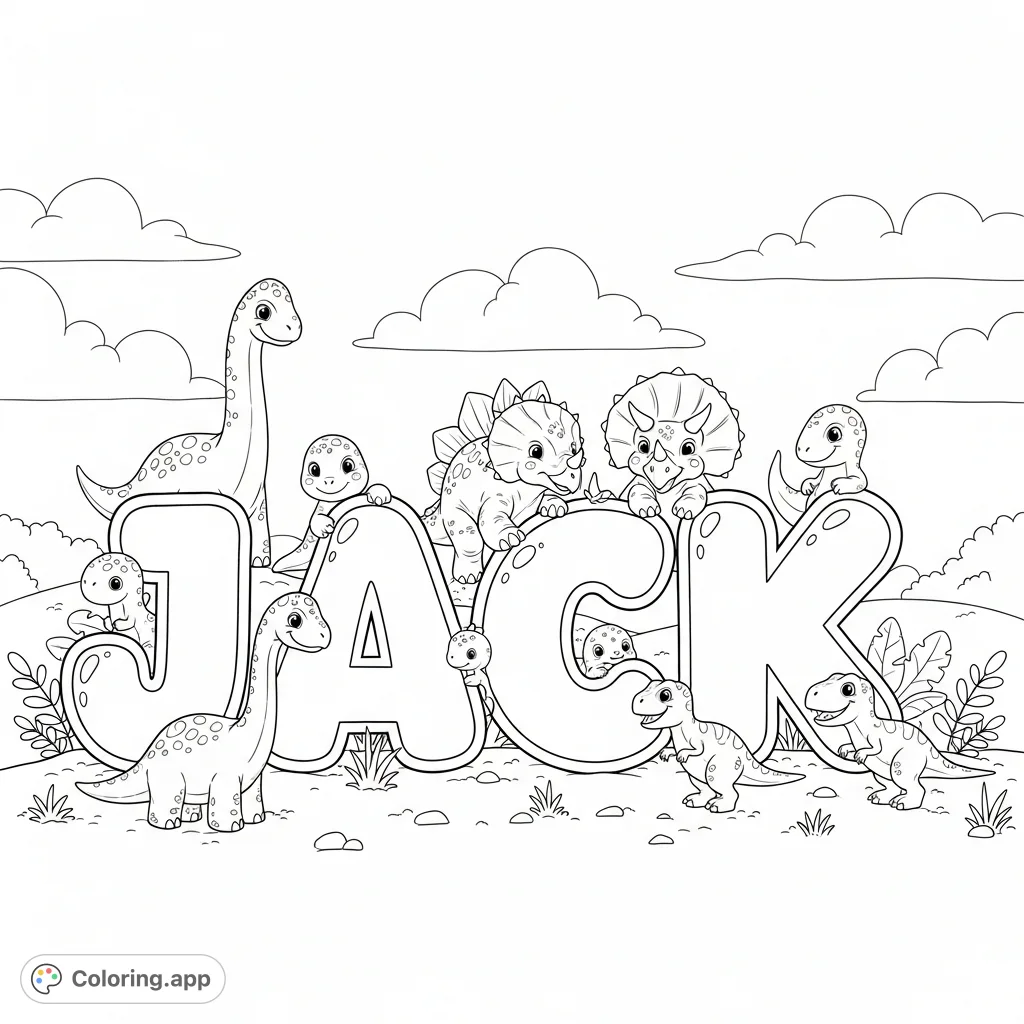 A charming Jack coloring page featuring chunky bubble letters and playful baby dinosaurs like Brachiosaurus, Triceratops, and T-Rex amidst a scenic landscape.