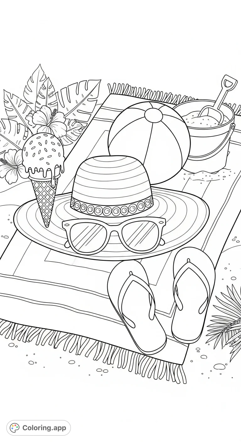 A delightful summer coloring page featuring simple essentials like a sunhat, sunglasses, beach ball, ice cream, and flip-flops, perfect for a relaxing creative escape.