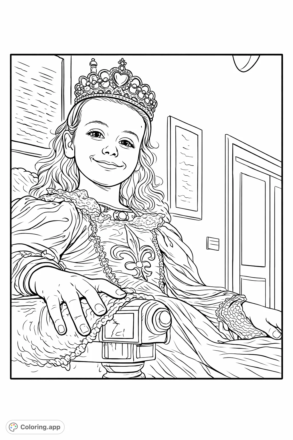 A delightful princess coloring page featuring a smiling child in a grand crown and an elaborate royal gown. Perfect for aspiring royalty and creative fun!