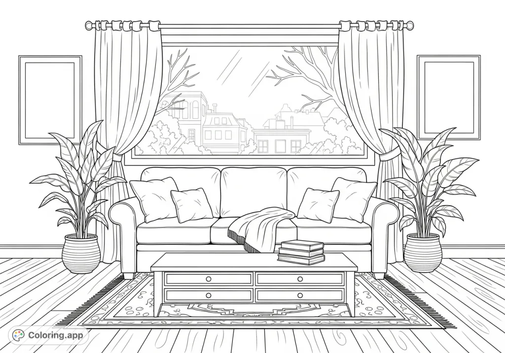 A delightful living room scene awaits your creative touch, featuring a plush sofa, leafy plants, and blank art frames for personalized expression.