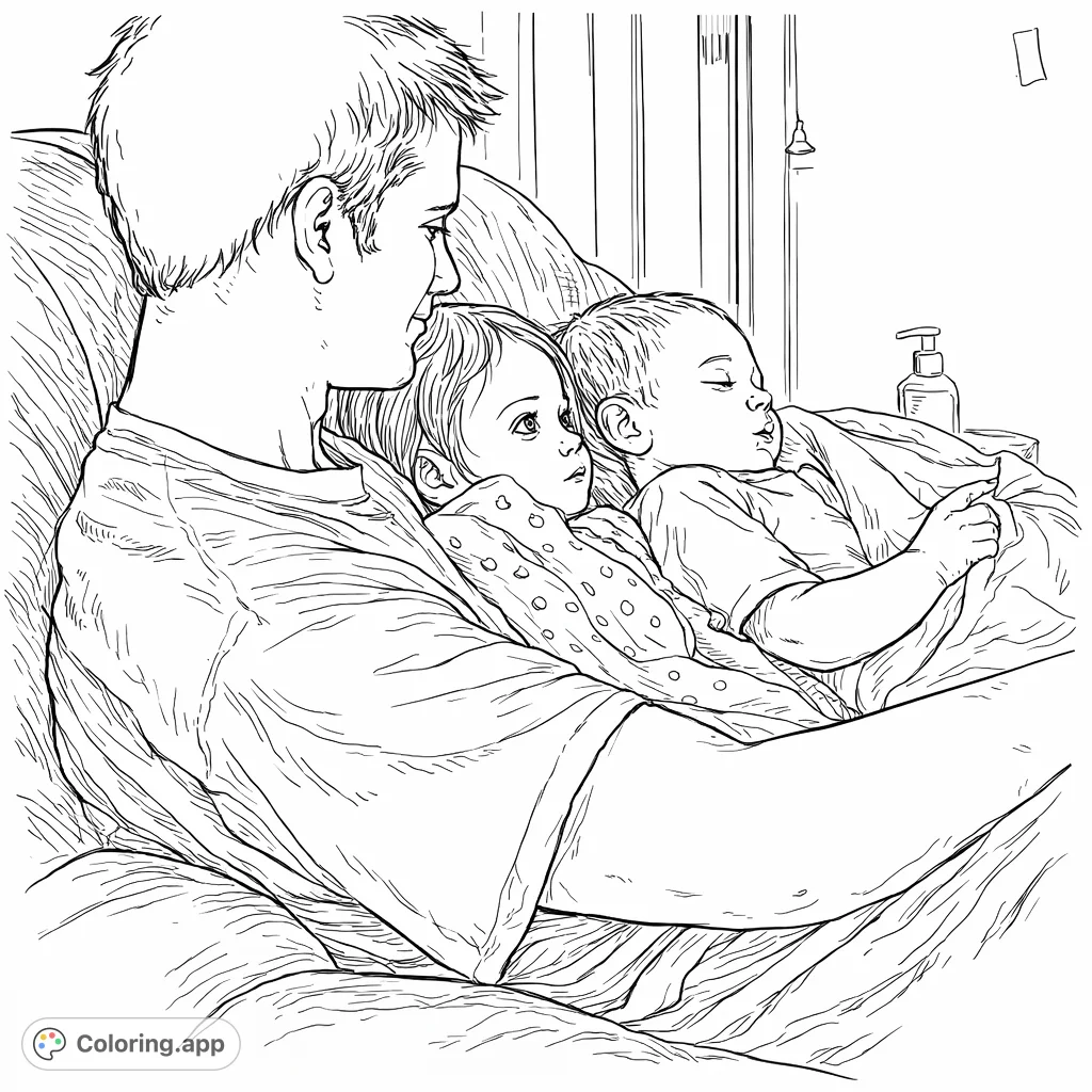 Capture a tender family moment: a parent embracing two children on a comfy couch. A heartwarming scene perfect for family-themed coloring page enjoyment.