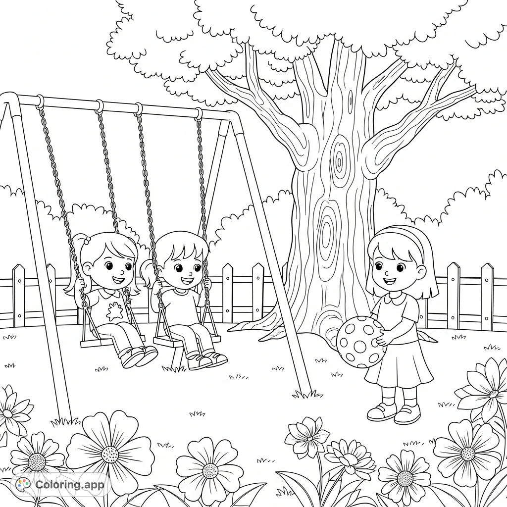 Join Jamie and Emma for a delightful playdate in the park. This free printable coloring page features swinging fun, a ball, and lovely natural elements.