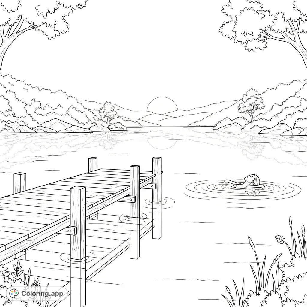 Discover a peaceful lakeside spa scene featuring a wooden dock and a person enjoying a relaxing swim in a quiet lake. A serene free printable coloring page for tranquility.