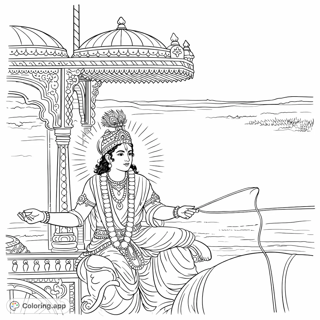Journey with a regal figure in an intricately detailed chariot, complete with majestic creatures and an expansive landscape. A mythological scene awaiting your creative touch.