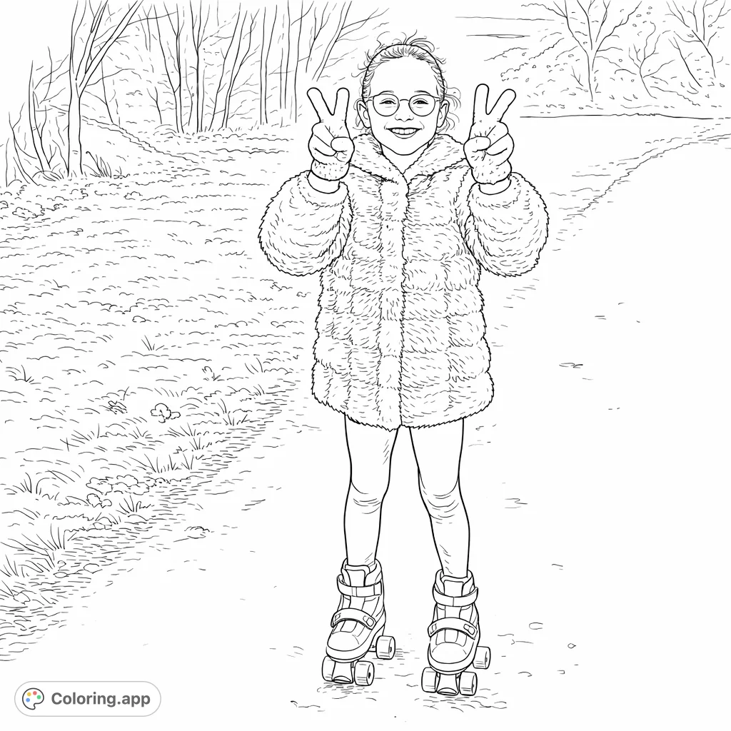 A cheerful girl on roller skates gives a peace sign on an outdoor path, ready for fun. A delightful skating coloring page for young enthusiasts.