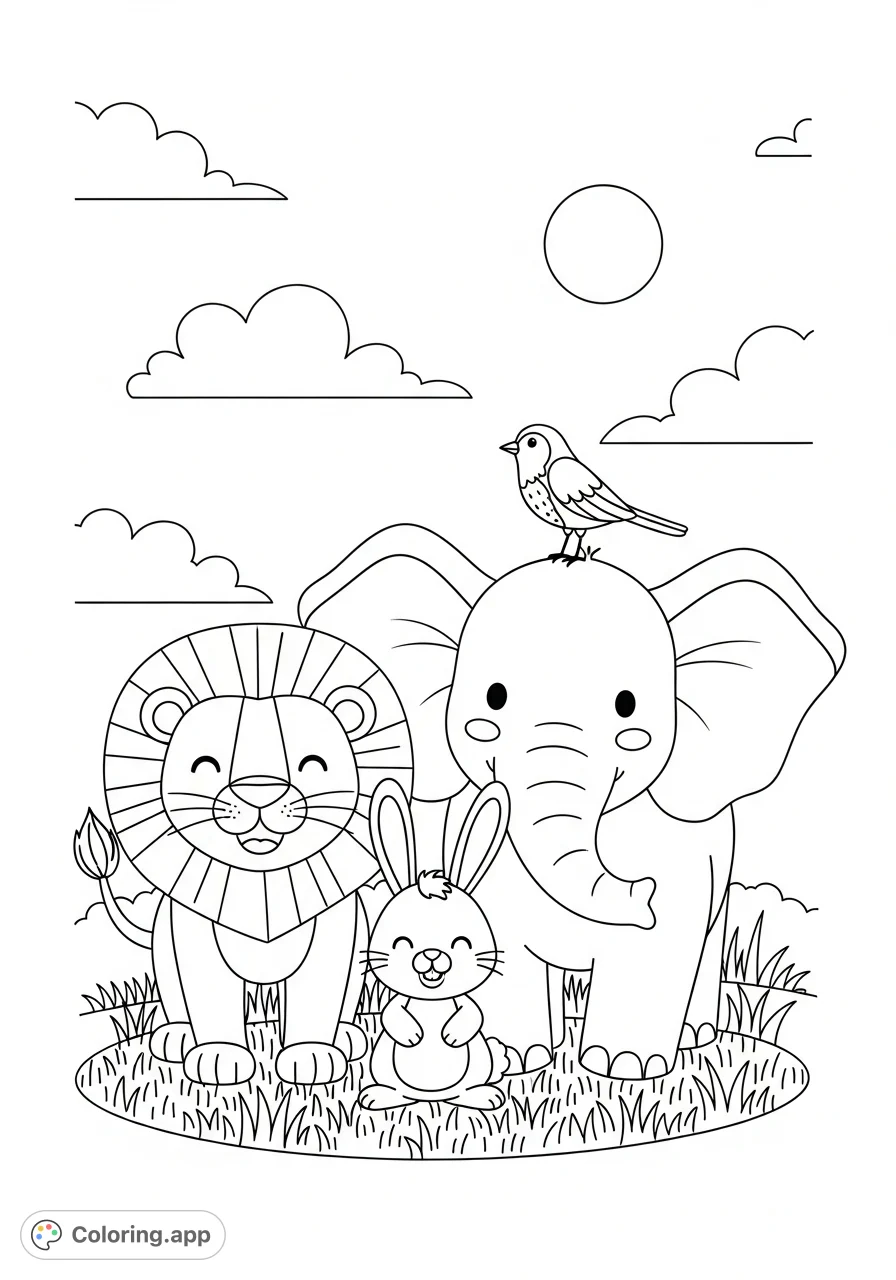 A delightful scene with a smiling lion, elephant, rabbit, and bird in a happy setting. Perfect as a cute animal coloring page for young artists.
